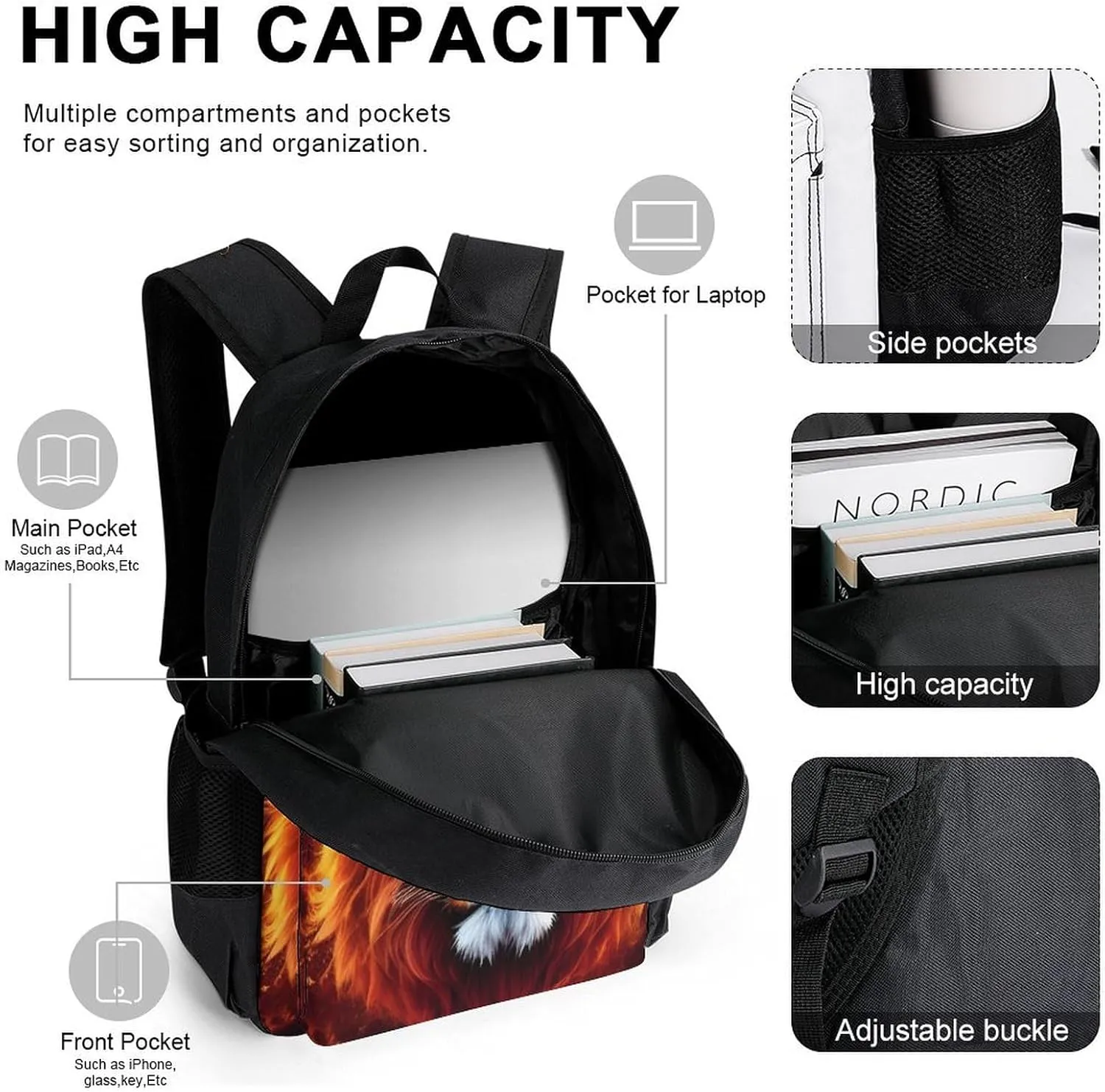 3 Piece College Daypack, Big Capacity Backpack for Outdoors Running, Cool Lion Fire Surreal Style Art Travel and Sport Backpack Rucksack for Adults