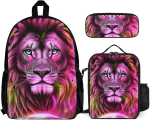 3 Piece College Daypack, Big Capacity Backpack for Outdoors Running, Cool Lion In The Universe Surreal Style Art Travel and Sport Backpack Rucksack for Men Women Adults