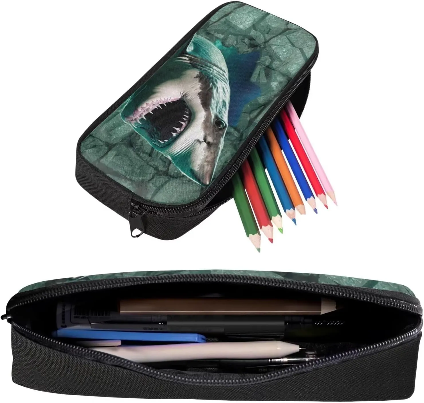 3 Piece Kids Backpack Set 3D Shark Print Bookbag with Lunch Box & Pencil Case Combo Set Casual Lightweight Backpack Set for Boys and Girls, Large Capacity Green