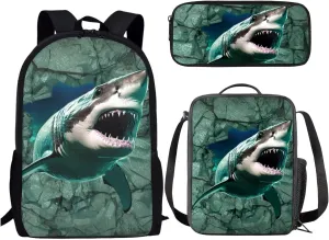 3 Piece Kids Backpack Set 3D Shark Print Bookbag with Lunch Box & Pencil Case Combo Set Casual Lightweight Backpack Set for Boys and Girls, Large Capacity Green