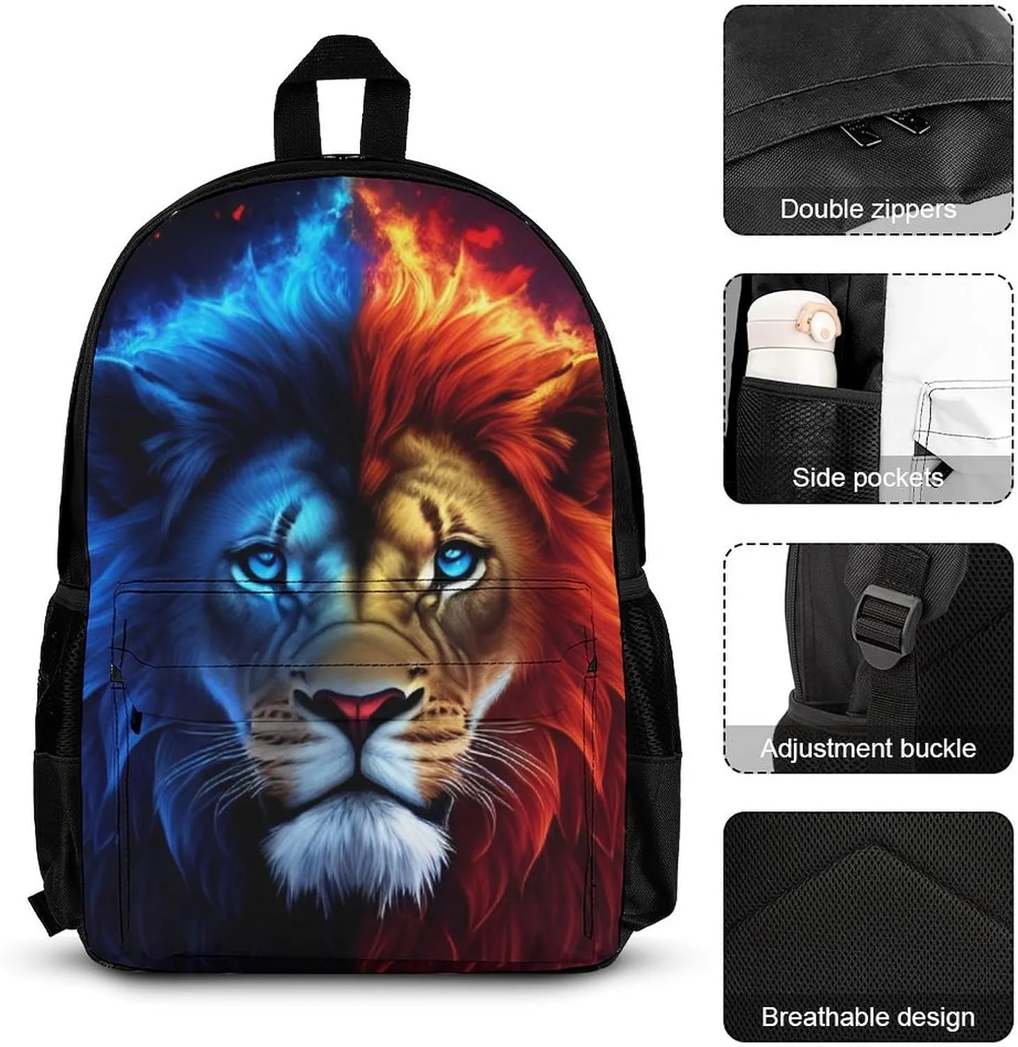 3 Piece Rucksack Sets, Cool Lion Blue And Red Fire Surreal Style Art Bookbag Lunch Bag Pencil Case, Daypack Backpack, Travel Hiking & Camping Rucksack, Laptop Backpack