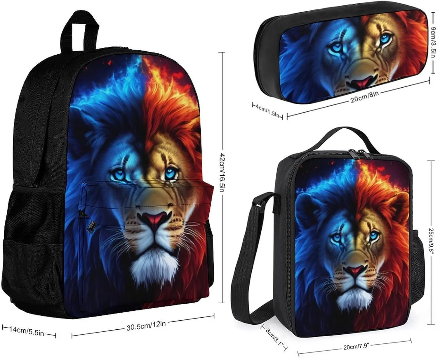3 Piece Rucksack Sets, Cool Lion Blue And Red Fire Surreal Style Art Bookbag Lunch Bag Pencil Case, Daypack Backpack, Travel Hiking & Camping Rucksack, Laptop Backpack