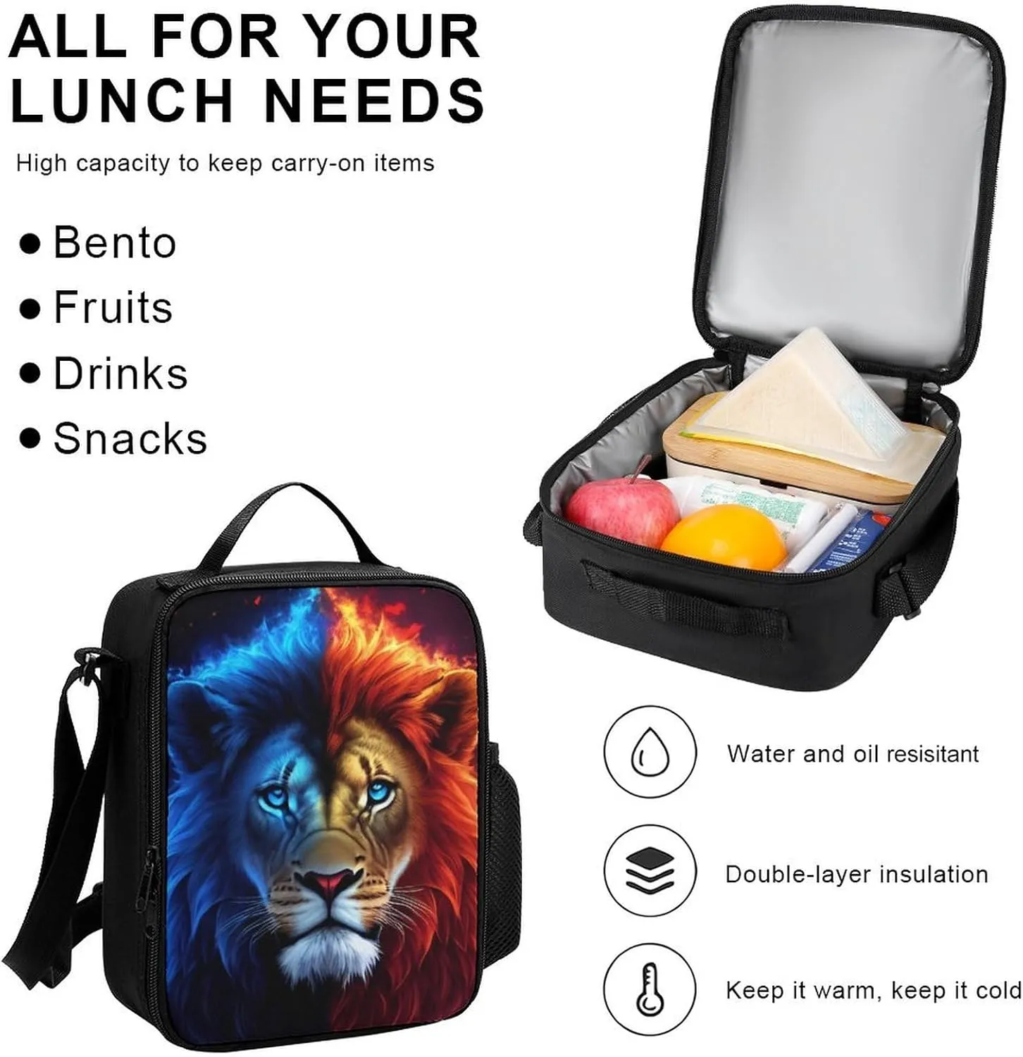 3 Piece Rucksack Sets, Cool Lion Blue And Red Fire Surreal Style Art Bookbag Lunch Bag Pencil Case, Daypack Backpack, Travel Hiking & Camping Rucksack, Laptop Backpack