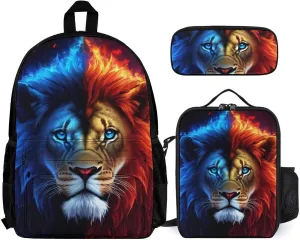 3 Piece Rucksack Sets, Cool Lion Blue And Red Fire Surreal Style Art Bookbag Lunch Bag Pencil Case, Daypack Backpack, Travel Hiking & Camping Rucksack, Laptop Backpack