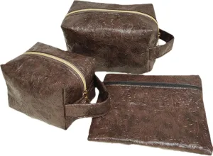 3-Piece Toiletry Bag Set, Travel Cosmetic Organizer Pouches, Diamond Pattern Vinyl, 8 x 6 inches (flower brown)