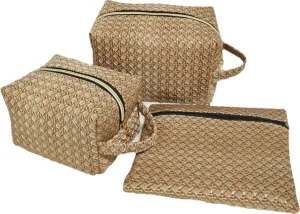 3-Piece Toiletry Bag Set, Travel Cosmetic Organizer Pouches, Diamond Pattern Vinyl, 8 x 6 inches (light brown)