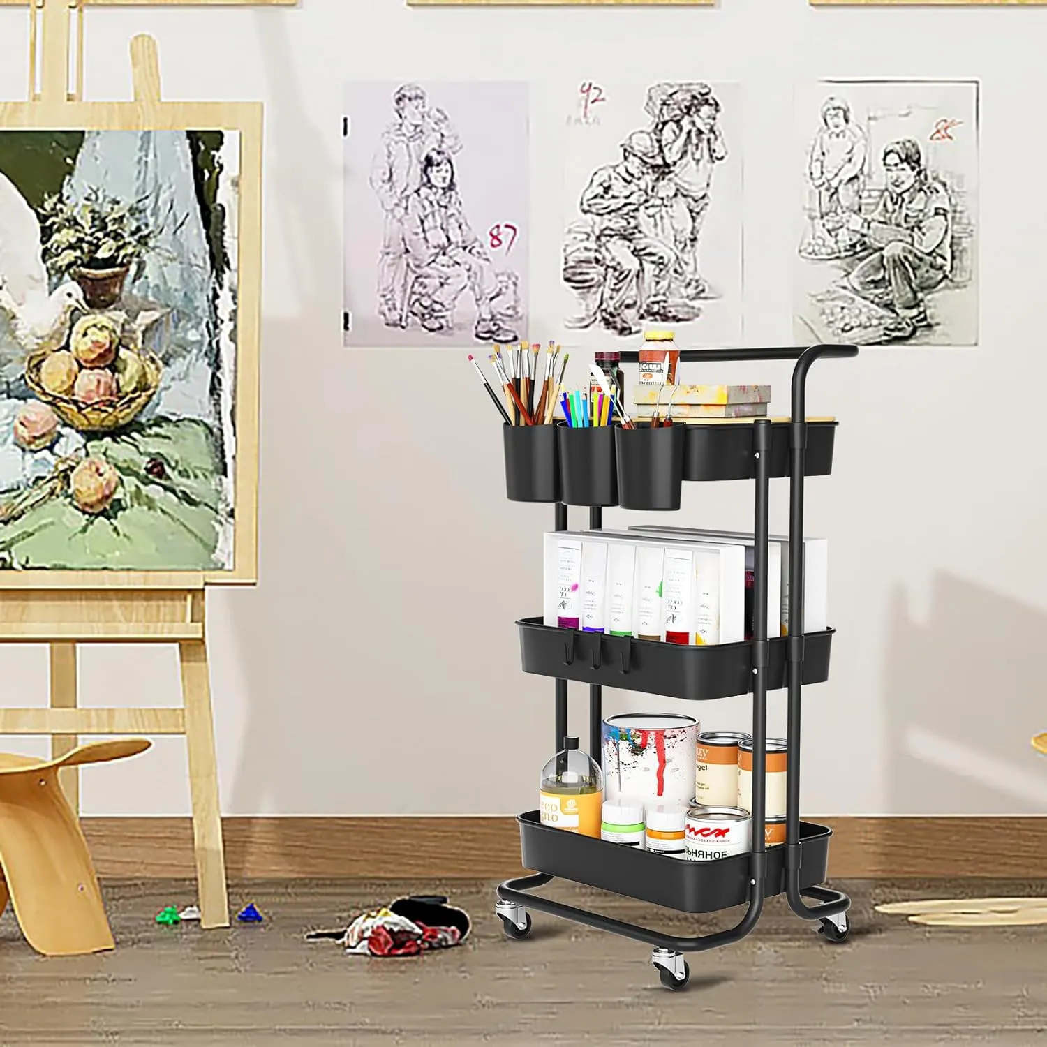 3 Tier Rolling Cart with Metal Handle, Table Top, Hanging Cups, Hooks, Plastic Storage Baskets& Wheels Lockable, Utility Cart for Bathroom Classroom Office Kitchen Pantry Organizers and Storage, Black