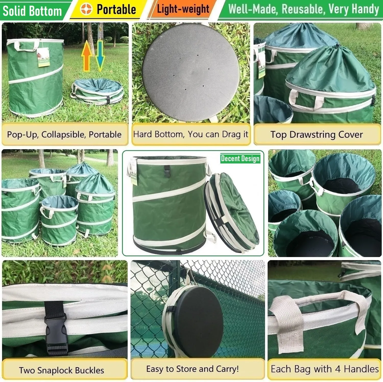32-Gallon Collapsible Trash Can (19x25 in) Hard-Shell Bottom Yard Garden Bag for Pop-Up Recycling Bin,Yard Waste,Debris bag,Laundry Hamper,RV Camping Waste Bin,Lawn Grass,Leaf Bag,Sods,Weeds Barrel