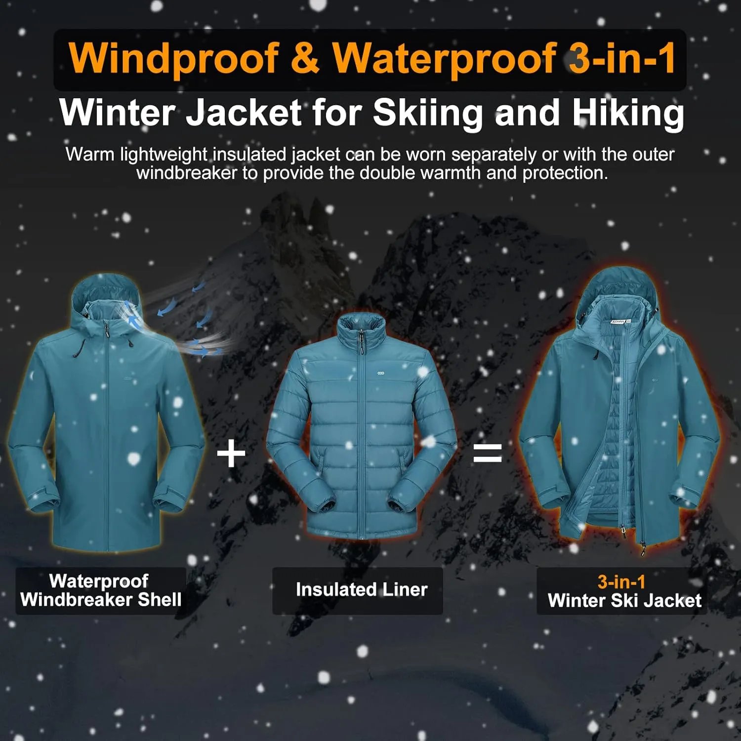 33,000ft Men's Waterproof 3-in-1 Ski Jacket, Warm Mountain Windbreaker Snow Rain Jackets Winter Coat with Puffer Jacket