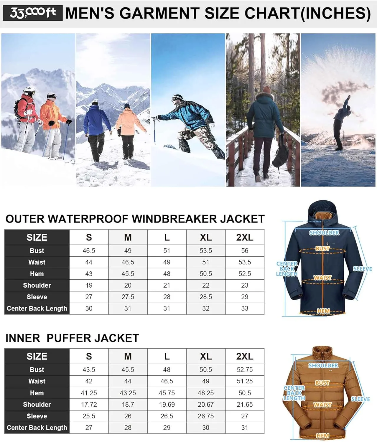 33,000ft Men's Waterproof 3-in-1 Ski Jacket, Warm Mountain Windbreaker Snow Rain Jackets Winter Coat with Puffer Jacket