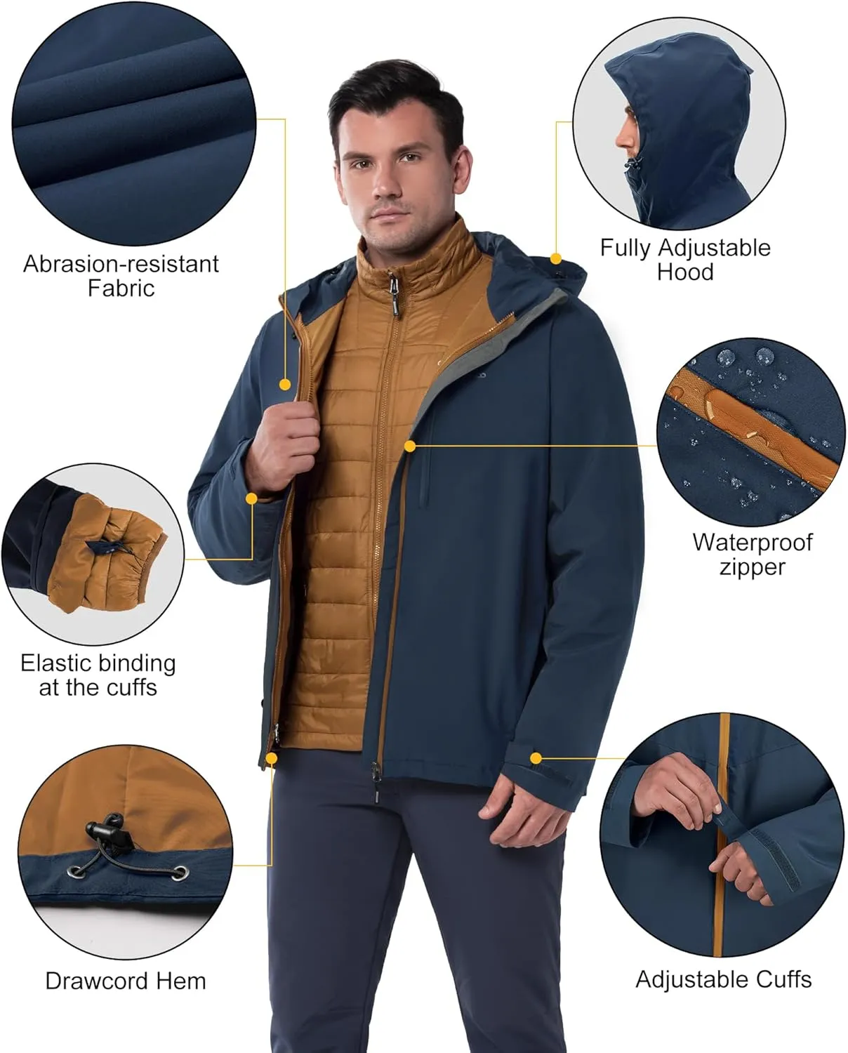 33,000ft Men's Waterproof 3-in-1 Ski Jacket, Warm Mountain Windbreaker Snow Rain Jackets Winter Coat with Puffer Jacket