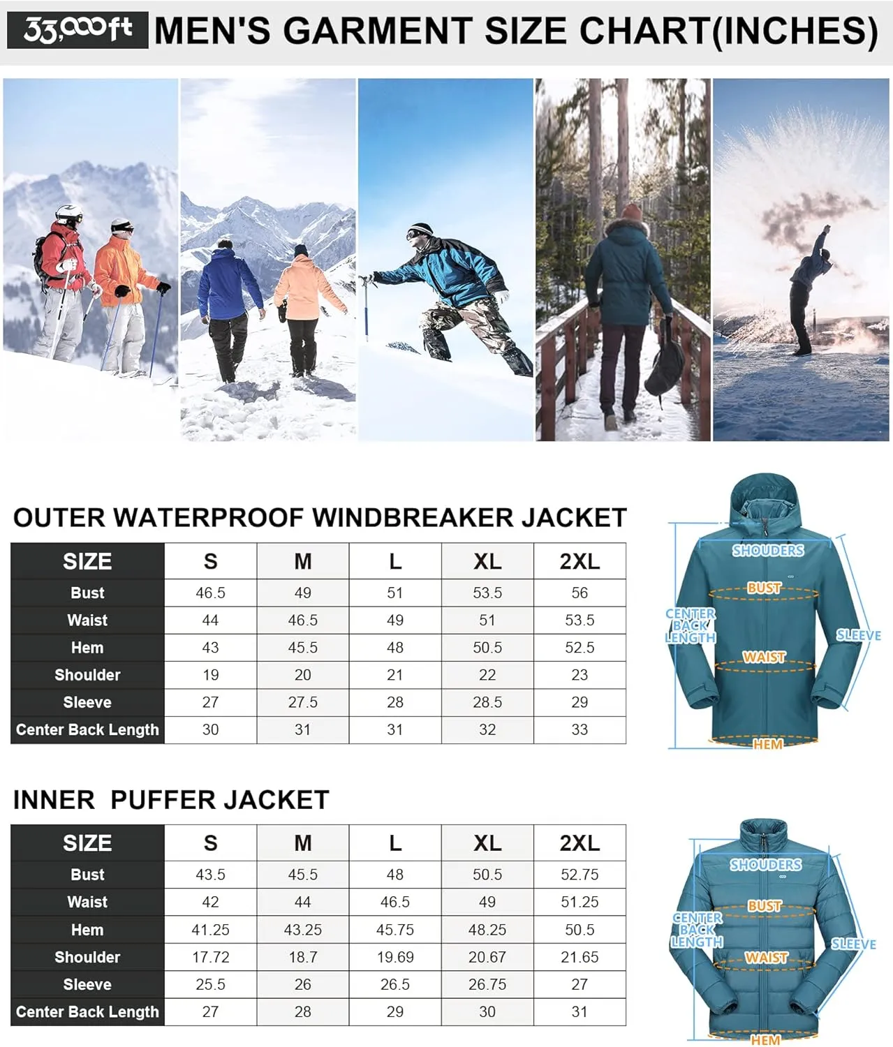 33,000ft Men's Waterproof 3-in-1 Ski Jacket, Warm Mountain Windbreaker Snow Rain Jackets Winter Coat with Puffer Jacket