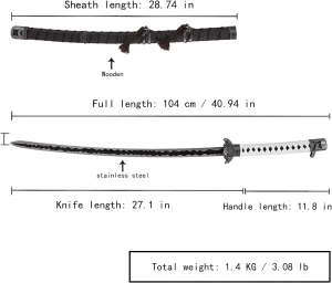 39" Mortal Blade Wolf Sword, Stainless Steel Metal Katana with Imitation Wood Grain Leather Scabbard, for Cosplay and Collectibles