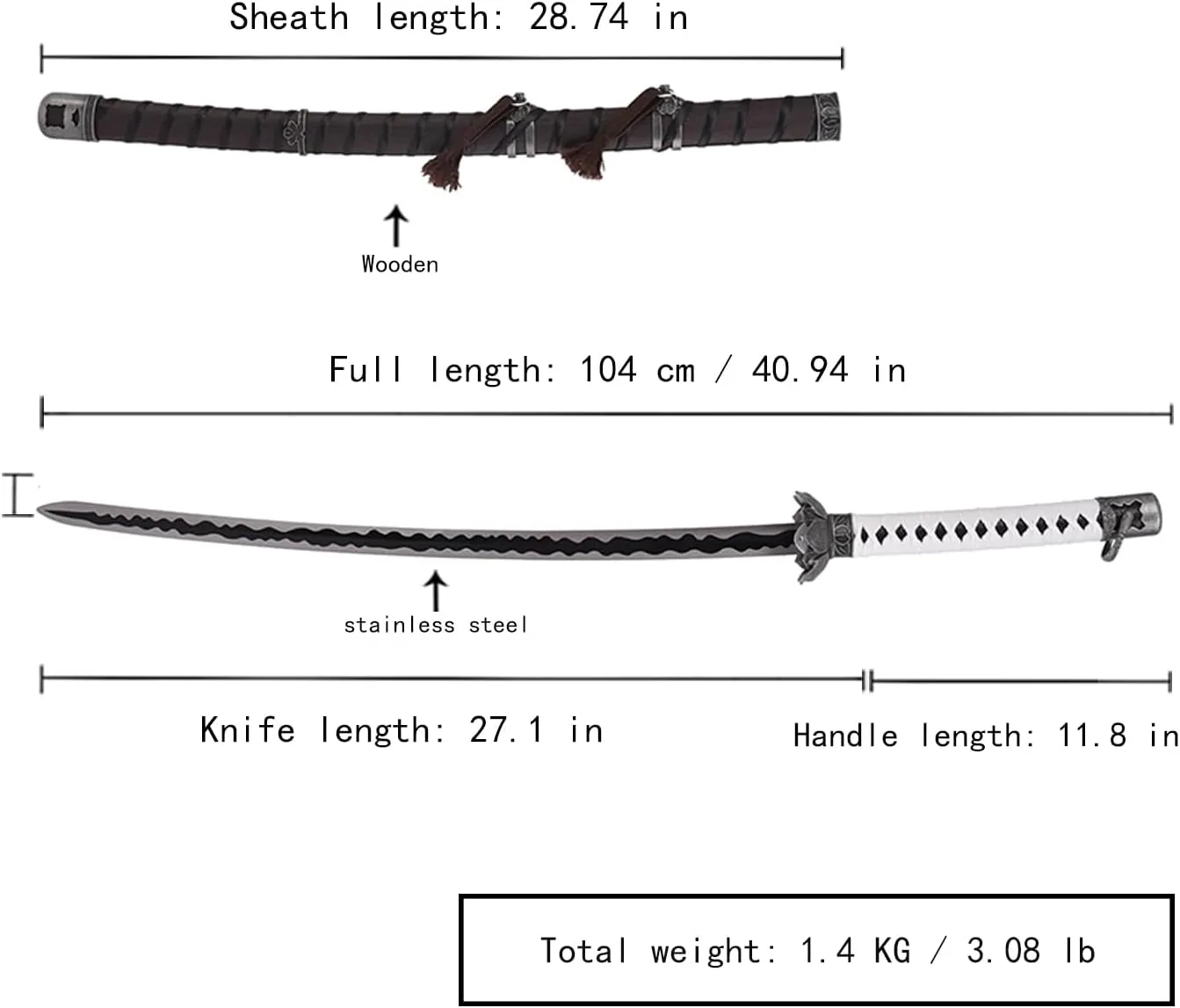 39" Mortal Blade Wolf Sword, Stainless Steel Metal Katana with Imitation Wood Grain Leather Scabbard, for Cosplay and Collectibles