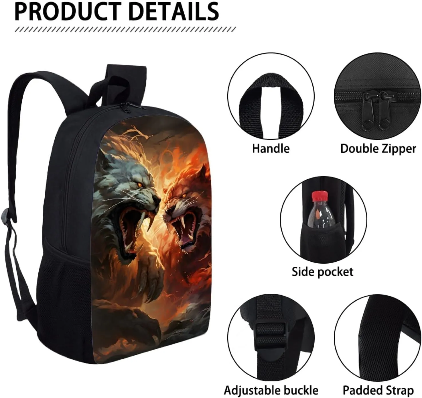 3D Fox Printed Backpack Daypack Rucksack for Students Boys Girls Kids Lightweight School Bag,Anger Tiger