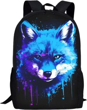 3D Fox Printed Backpack Daypack Rucksack for Students Boys Girls Kids Lightweight School Bag,Blue Fox Head