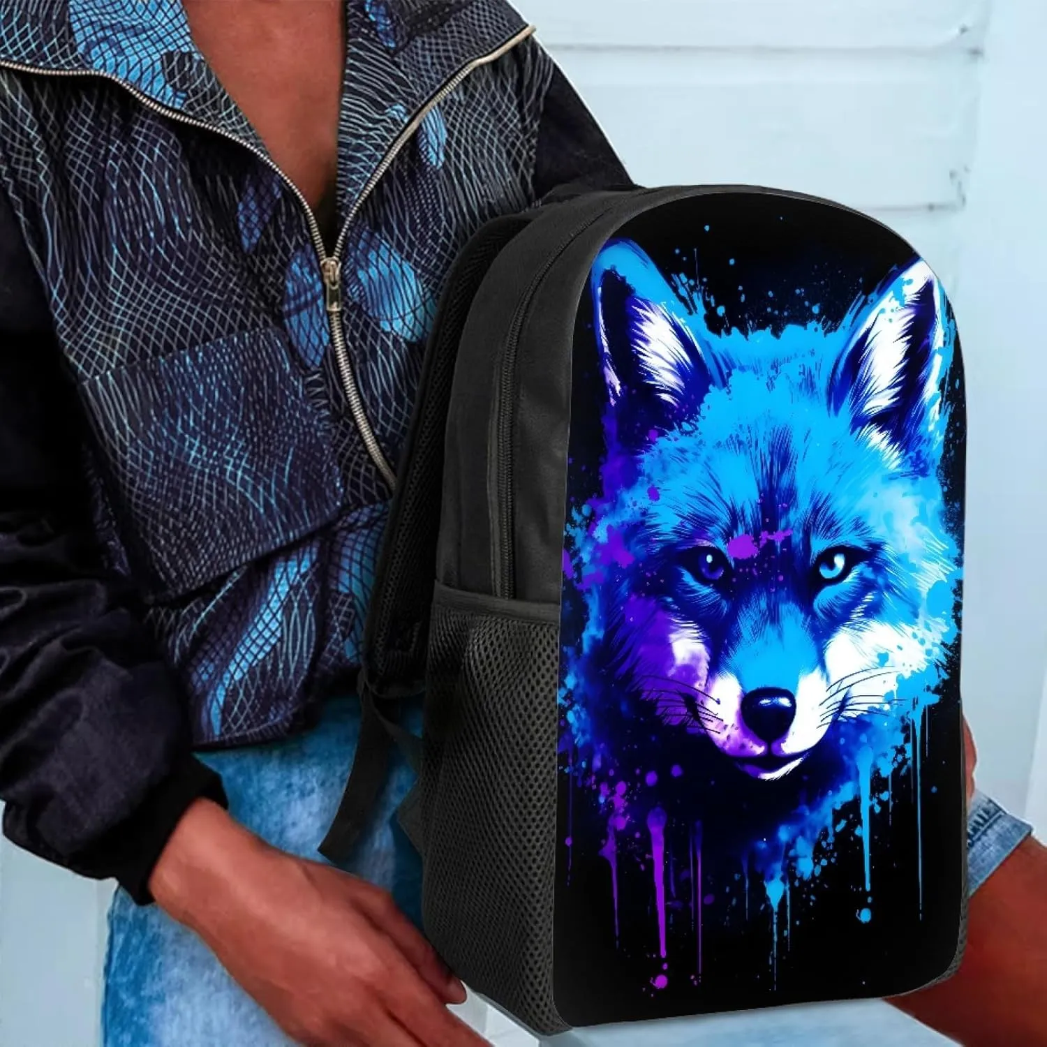 3D Fox Printed Backpack Daypack Rucksack for Students Boys Girls Kids Lightweight School Bag,Blue Fox Head