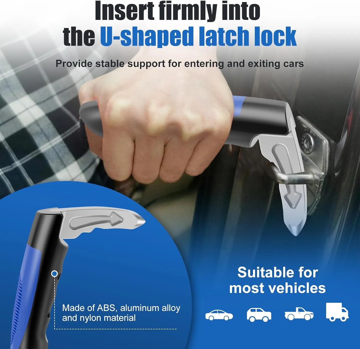 4 Pack Car Door Handle for Elderly, 3 in 1 Car Handle Assist, Multifunction Auto Cane Car Door Latch Handle for Seniors and Handicapped, Blue