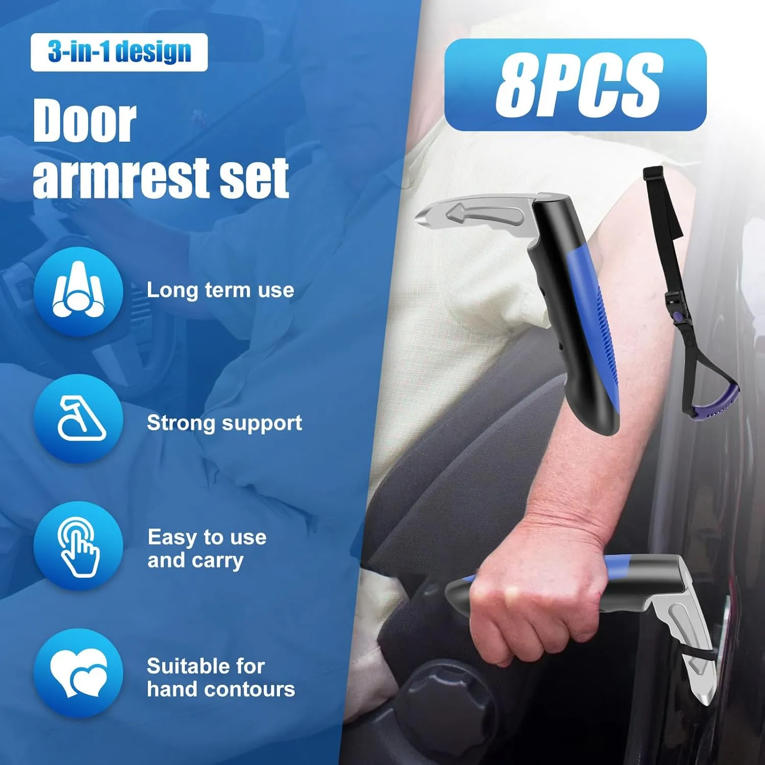 4 Pack Car Door Handle for Elderly, 3 in 1 Car Handle Assist, Multifunction Auto Cane Car Door Latch Handle for Seniors and Handicapped, Blue