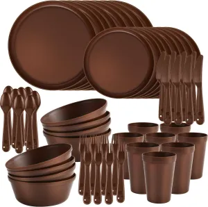 40-Piece Kitchen Plastic Dinnerware Set，Modern Dish Set for Apartment Essentials, Travel, Camping& RV, Picnic & Home Party, Reusable Plates Kids Plates and Bowls with Cutlery Set, Saddle Brown