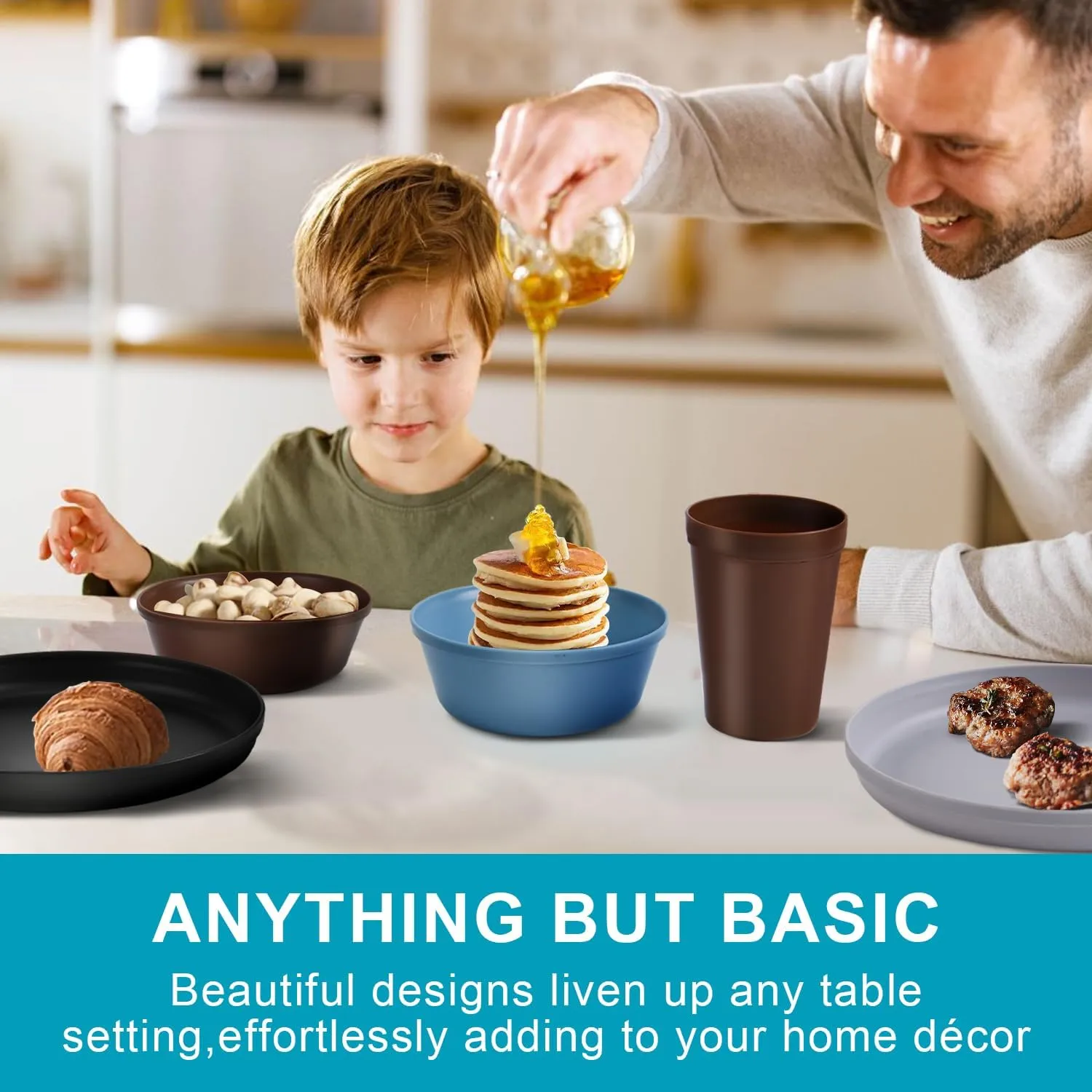 40-Piece Kitchen Plastic Dinnerware Set，Modern Dish Set for Apartment Essentials, Travel, Camping& RV, Picnic & Home Party, Reusable Plates Kids Plates and Bowls with Cutlery Set, Saddle Brown