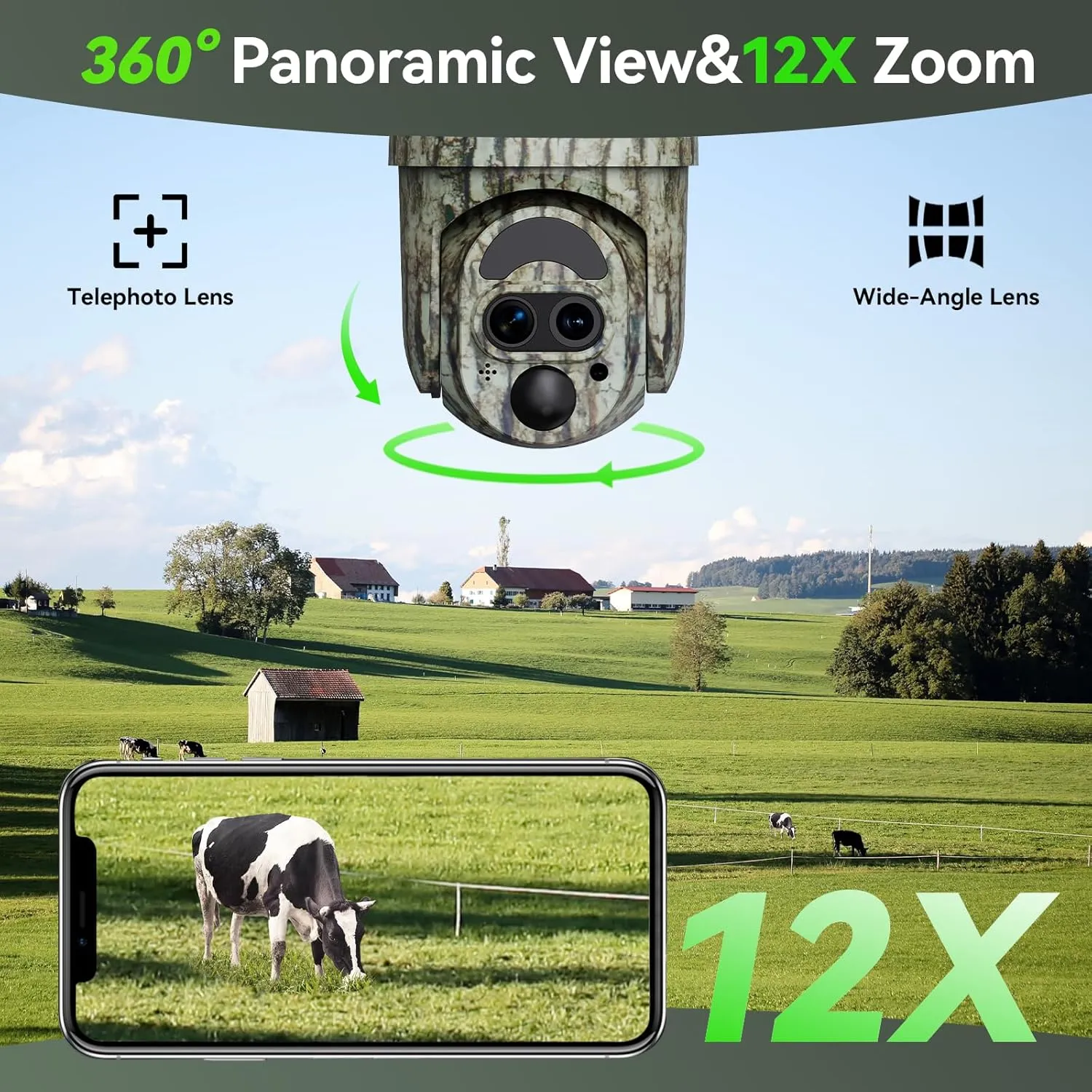 4G LTE Cellular Trail Camera,12X Hybrid Zoom Game Camera with 2K View Live Video,360°Full Cover Security Camera with Motion Activated,Built-in SIM Card,Solar Powered,IP65 Waterproof