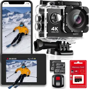 4K 30FPS WiFi Action Camera with 128GB Memory Card- 98FT Waterproof Ultra HD Underwater Camera, 170° Wide Angle 2.0" Screen, Sports Camera with 2 Batteries, Mounting Accessories Kit