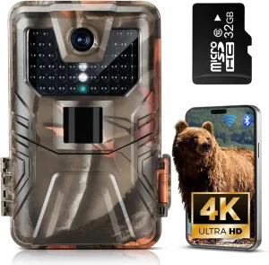 4K 48MP WiFi Trail Camera - Bluetooth Game Camera with Night Vision 0.2sTrigger Motion Activated IP66 Waterproof 130°Wide Angle with 32GB SD Card&Card Reader for Hunting Wildlife Monitoring