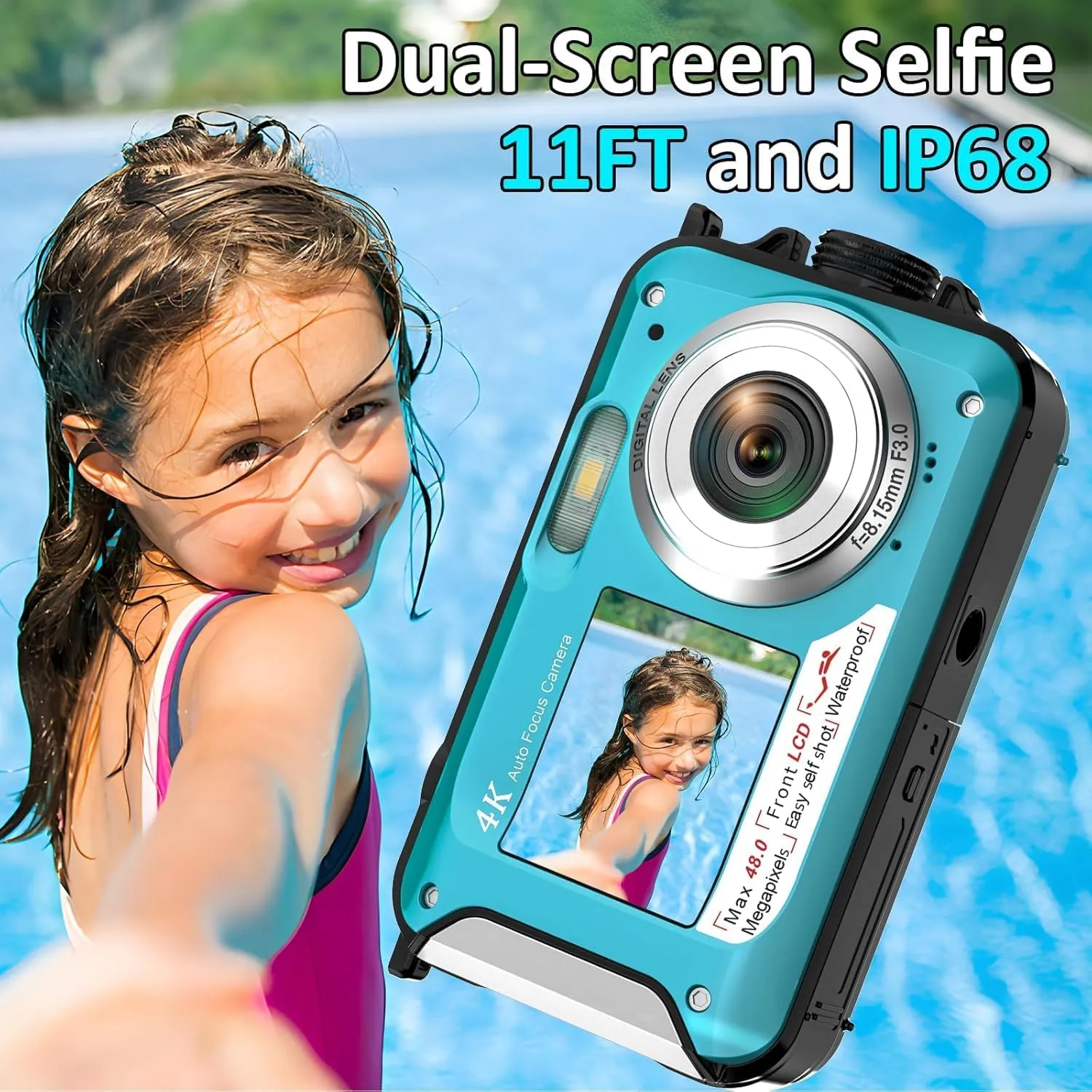 4K Underwater Camera 11FT Waterproof Camera 48MP Autofocus Dual-Screen Selfie Underwater Camera for Snorkeling Waterproof Compact Floatable Digital Camera 1250mAh Battery