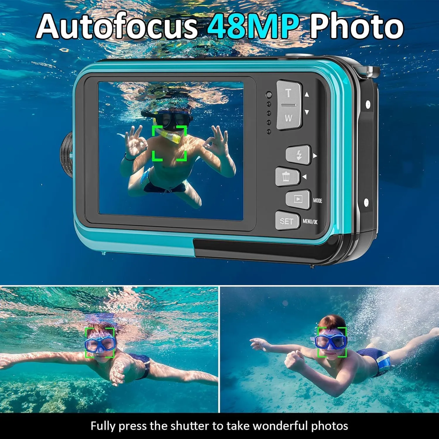 4K Underwater Camera 11FT Waterproof Camera 48MP Autofocus Dual-Screen Selfie Underwater Camera for Snorkeling Waterproof Compact Floatable Digital Camera 1250mAh Battery