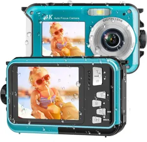 4K Underwater Camera 11FT Waterproof Camera 48MP Autofocus Dual-Screen Selfie Underwater Camera for Snorkeling Waterproof Compact Floatable Digital Camera 1250mAh Battery