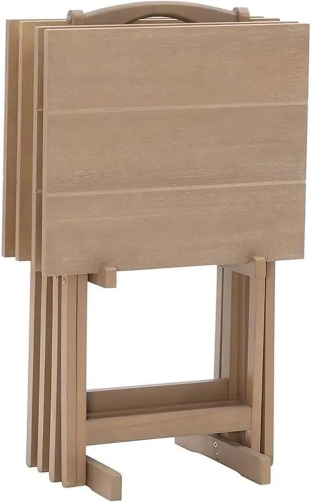 5 Piece Set TV Tray Table Stand in Natural, 4 Tray Tables & 1 Stand