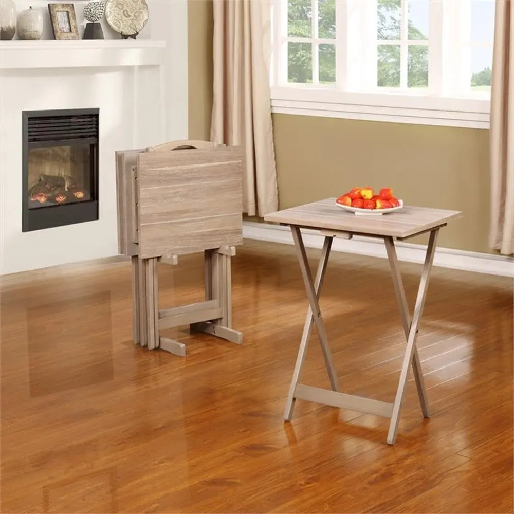 5 Piece Set TV Tray Table Stand in Natural, 4 Tray Tables & 1 Stand