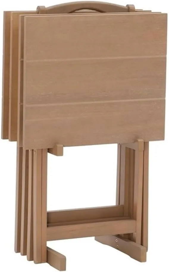 5 Piece Set TV Tray Table Stand in Natural, 4 Tray Tables & 1 Stand