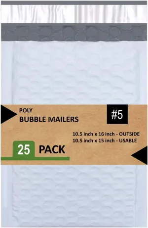 #5 Poly Bubble Mailers 10.5X16 inches Padded Envelope Mailer Waterproof Pack of 25, White