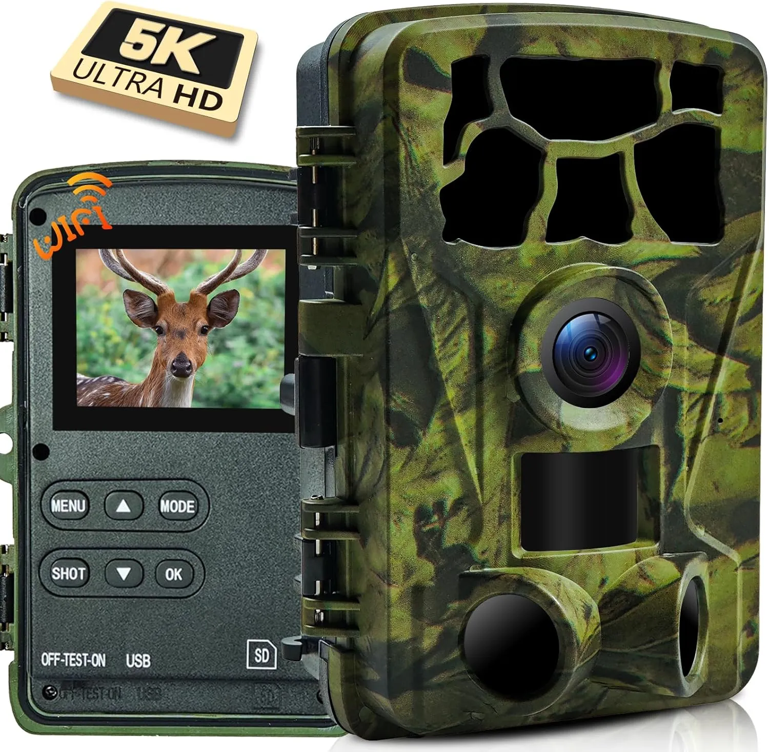 5K Trail Camera, WIFI 60MP Camera, 64GB SD Card, APP Control, Night Vision for Outdoor, Monitoring Game Cameras for Wildlife, Motion Activated 0.2s, IP66 Waterproof, 120°Wide Angle, H.264 MP4 Video