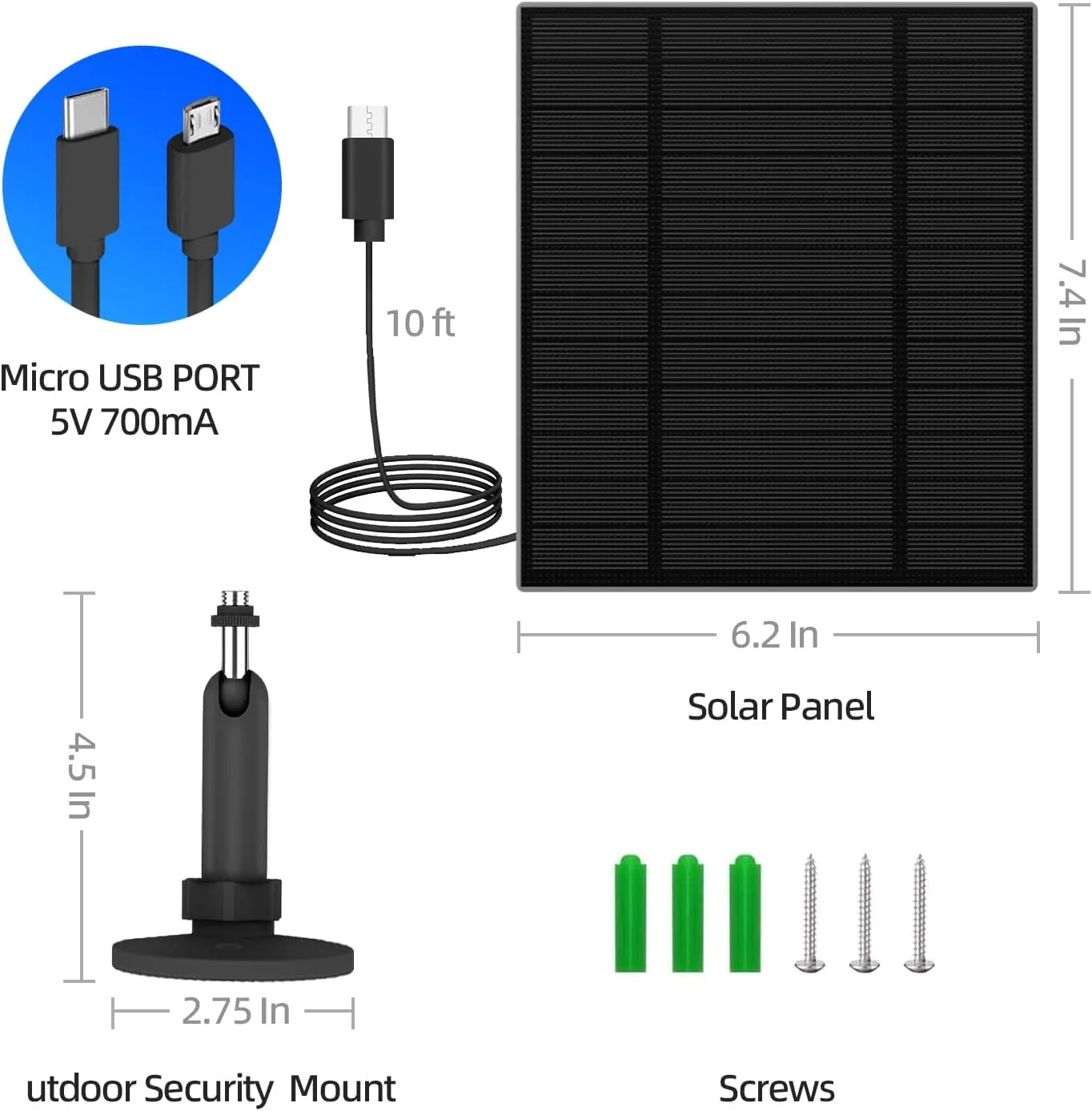 5W Solar Panel for Security Camera, Solar Panel with Micro USB & USB-C Port for DC 5V Outdoor Rechargeable Battery Camera, IP65 Waterproof, 360° Adjustable Security Mount, 9.8ft Cable(Black)