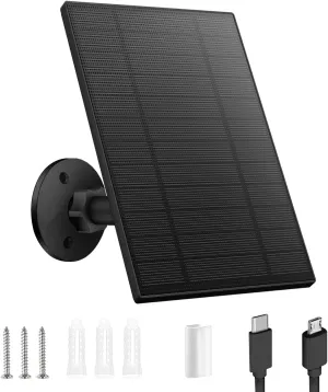 5W Solar Panel for Security Camera, Solar Panel with Micro USB & USB-C Port for DC 5V Outdoor Rechargeable Battery Camera, IP65 Waterproof, 360° Adjustable Security Mount, 9.8ft Cable(Black)