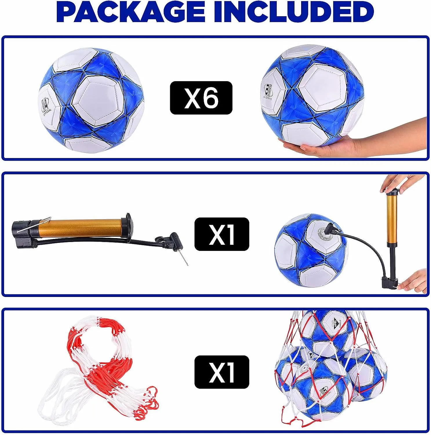 6 Pack Classic deflated Soccer Balls Size 3/4/5 with Pump and Mesh Bag for Indoor Outdoor Lawn Game Training Practice Bulk Sport Gift for Teens Adults