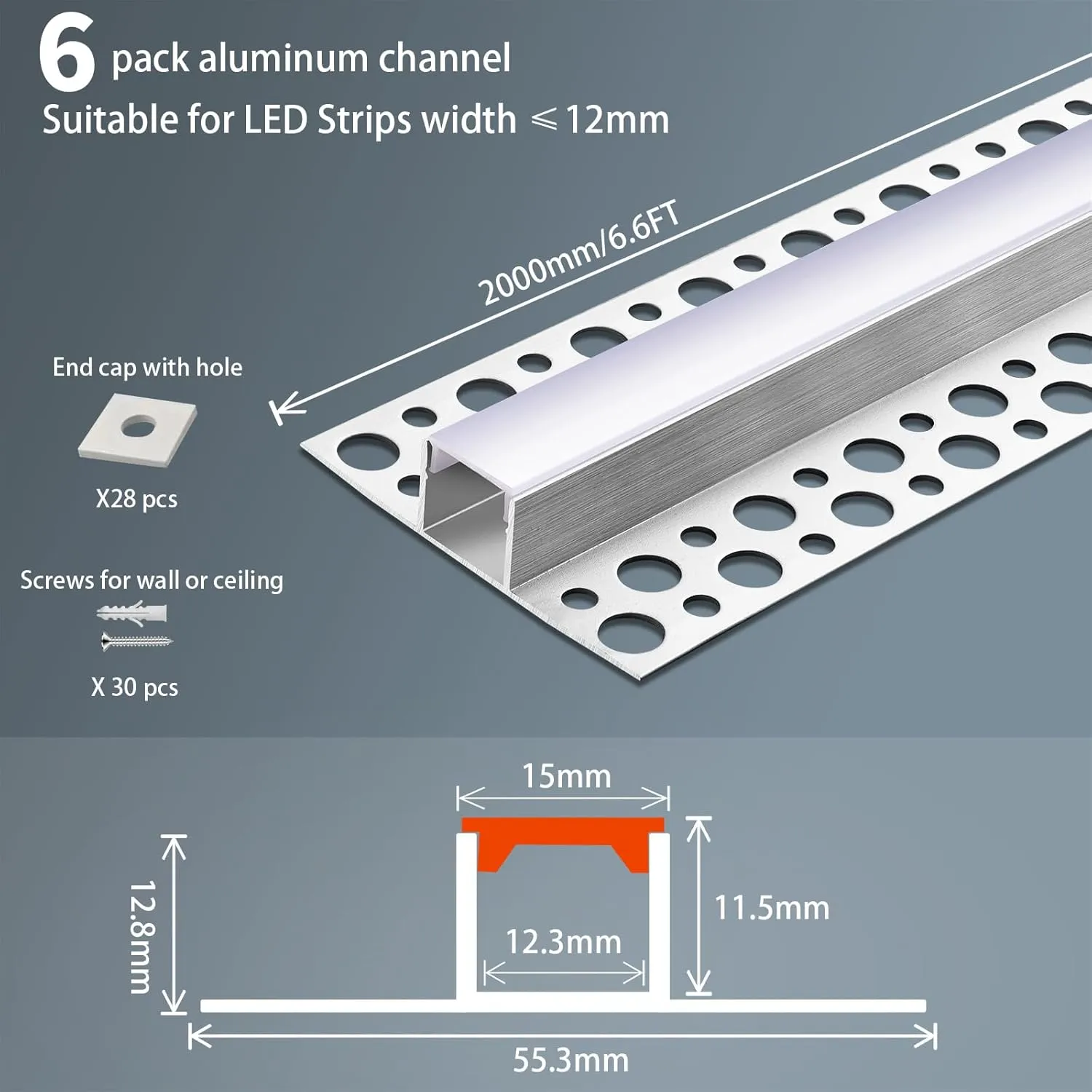 6 Pack LED Channel Plaster-in 6.6FT/2M Trimless Recessed Drywall Aluminum Channel, LED Profile for Wall and Ceiling with Milky Diffuser and End Caps.