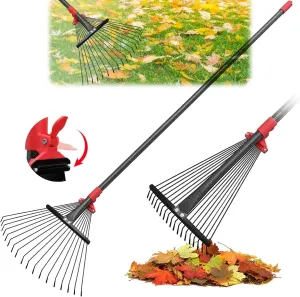 60 Inch Rake for Leaves , Adjustable 18 Metal Tines with Expandable Head Garden Rakes for Lawns Heavy Duty Metal Rake for Leaves Yard Gardening Grass Outdoor Debris