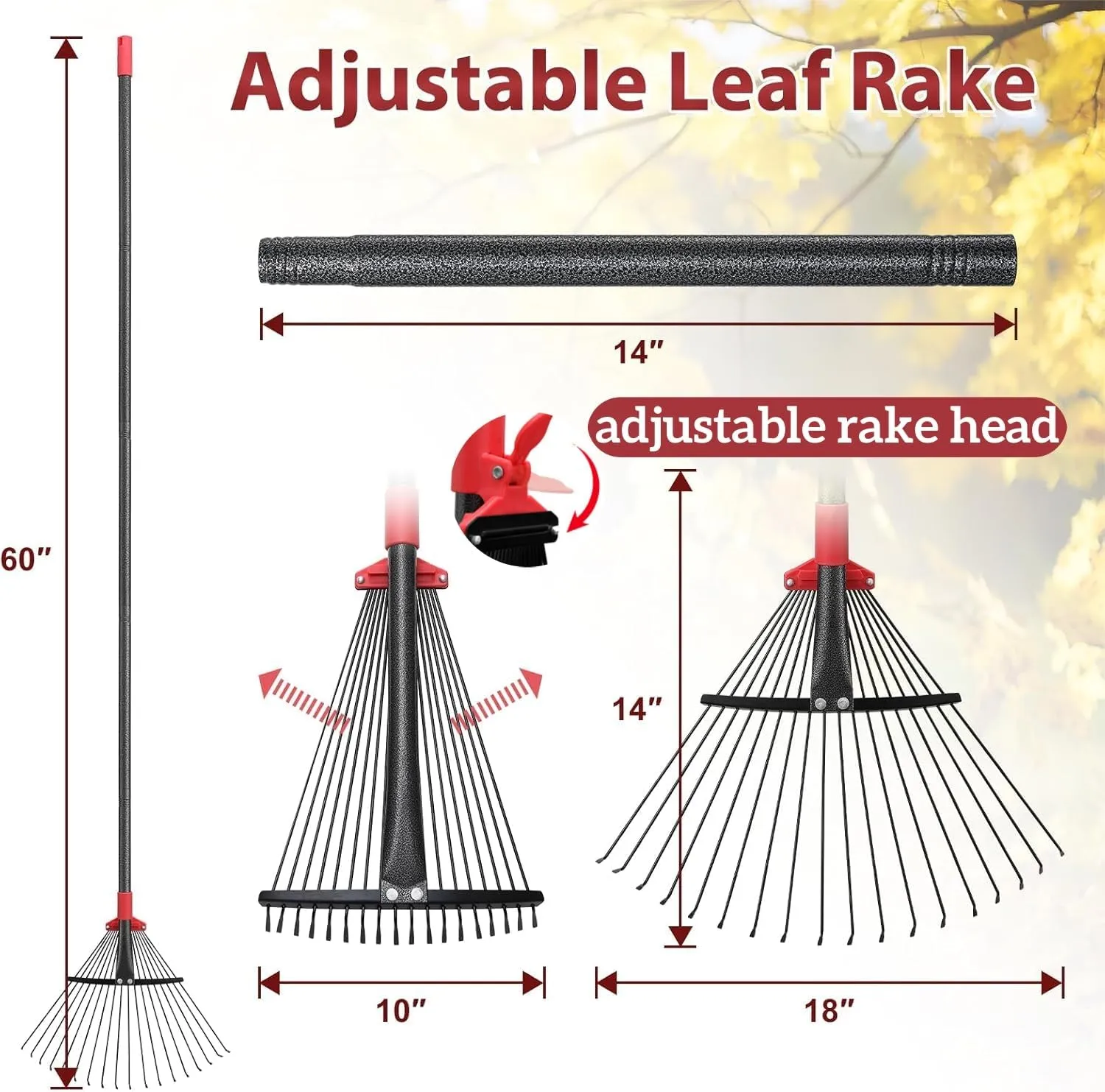60 Inch Rake for Leaves , Adjustable 18 Metal Tines with Expandable Head Garden Rakes for Lawns Heavy Duty Metal Rake for Leaves Yard Gardening Grass Outdoor Debris