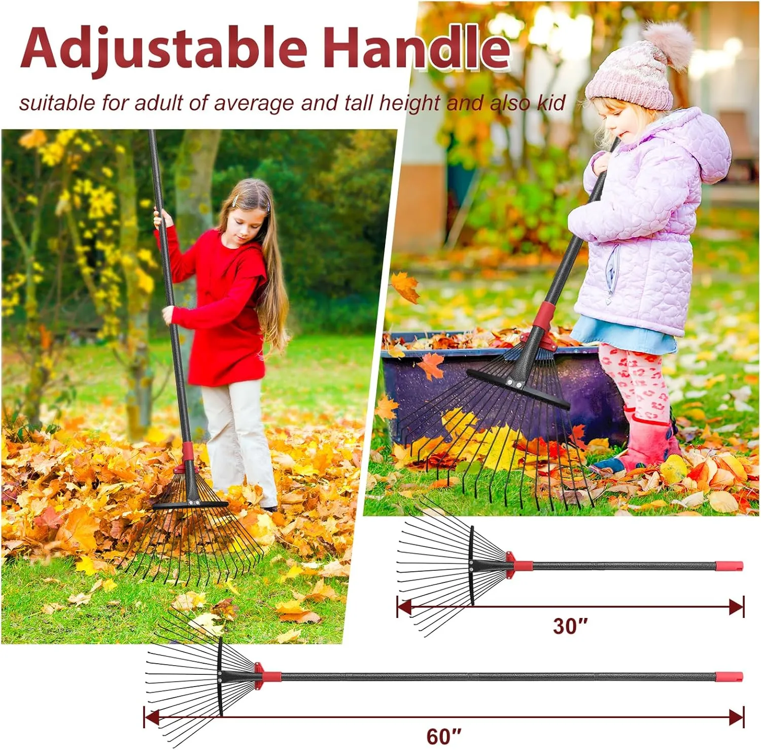 60 Inch Rake for Leaves , Adjustable 18 Metal Tines with Expandable Head Garden Rakes for Lawns Heavy Duty Metal Rake for Leaves Yard Gardening Grass Outdoor Debris