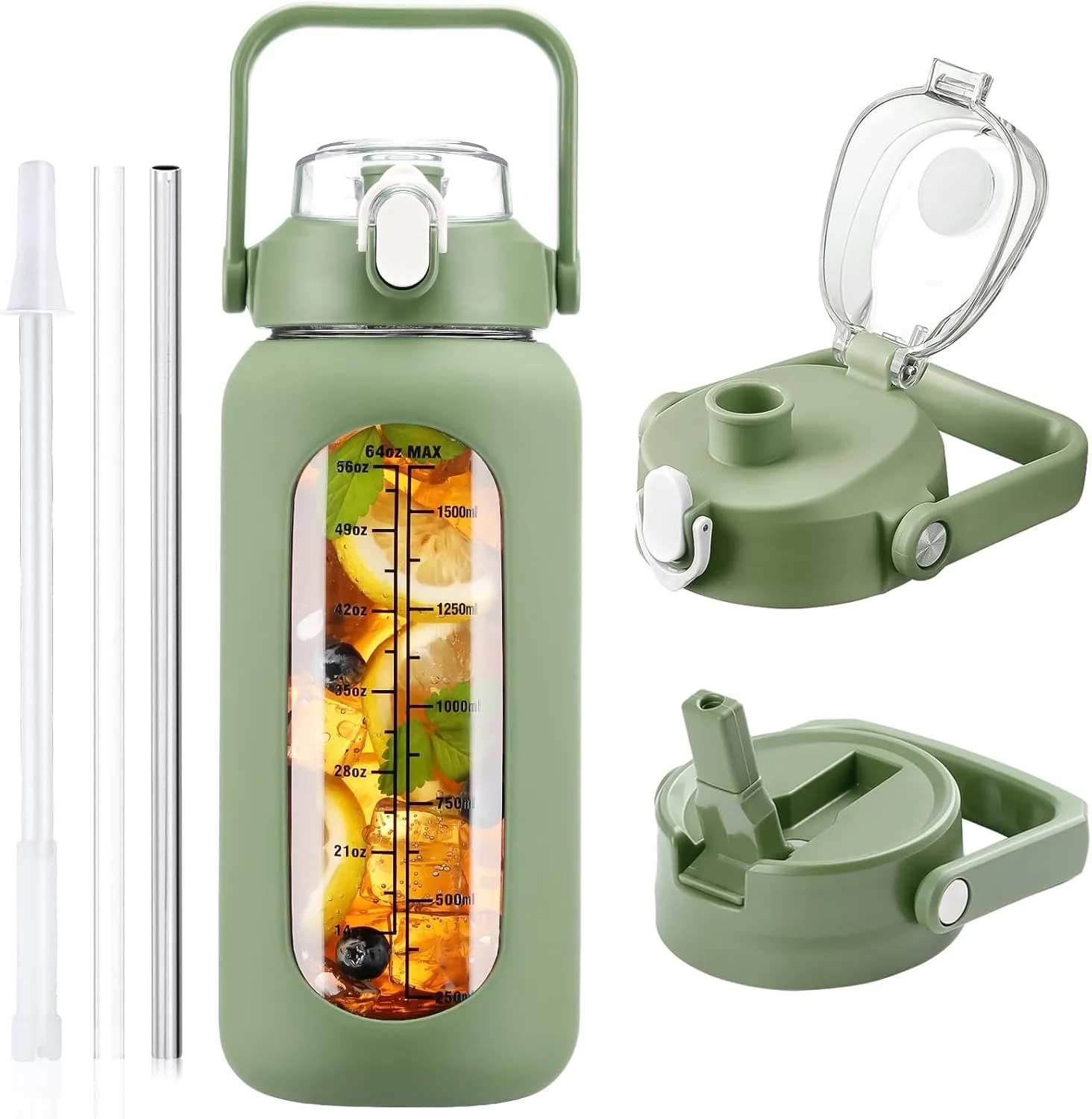 64 oz Glass Water Bottle with Straw and 2 Lids, Half Gallon Water Bottle with Sleeve, Large Insulated 2 Liter Glass Water Jug Time Marker with Handle