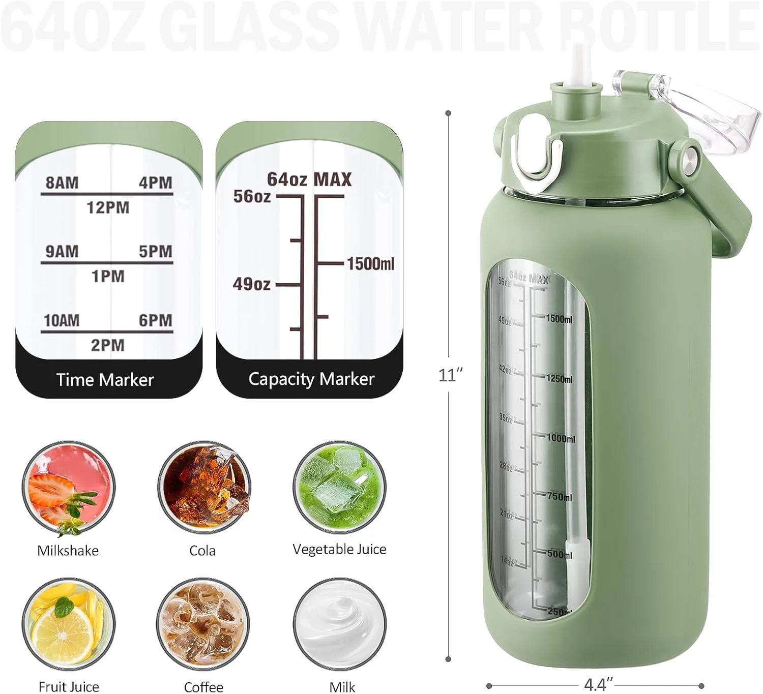 64 oz Glass Water Bottle with Straw and 2 Lids, Half Gallon Water Bottle with Sleeve, Large Insulated 2 Liter Glass Water Jug Time Marker with Handle