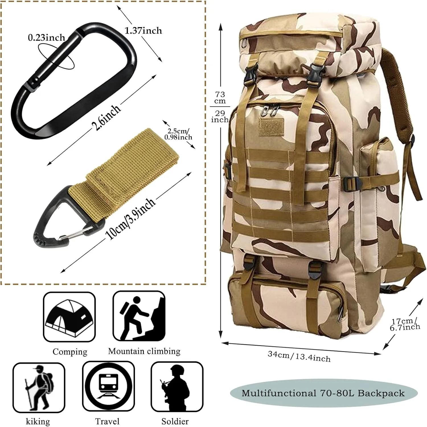 70L Hiking Backpack for Men, Waterproof Lightweight Camping Backpack, Military Rucksack with Molle, 3-Day Assault Pack for Travel, Climbing, Outdoor Sports (Plateau Camouflage)
