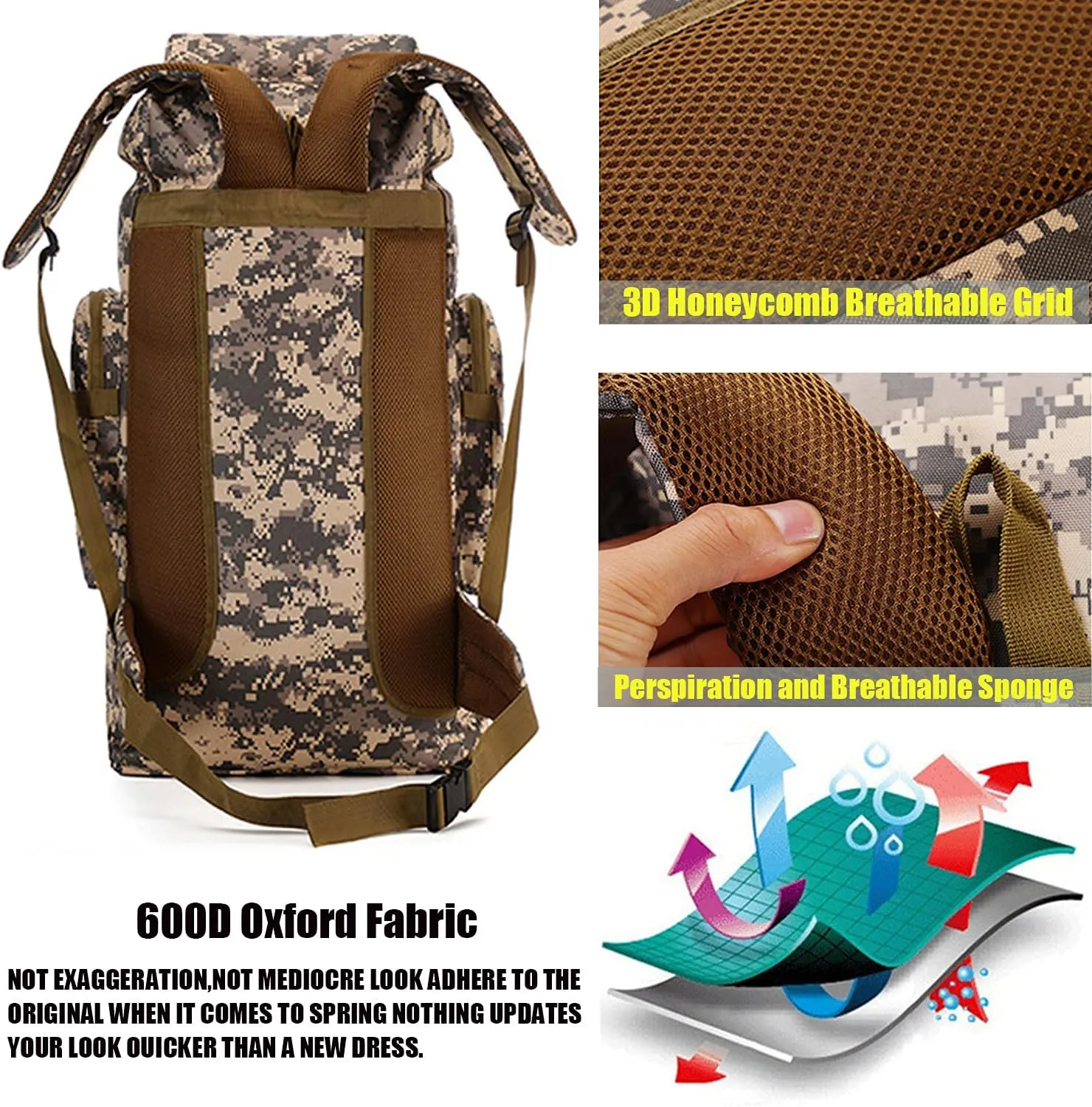 70L Hiking Backpack for Men, Waterproof Lightweight Camping Backpack, Military Rucksack with Molle, 3-Day Assault Pack for Travel, Climbing, Outdoor Sports (Plateau Camouflage)