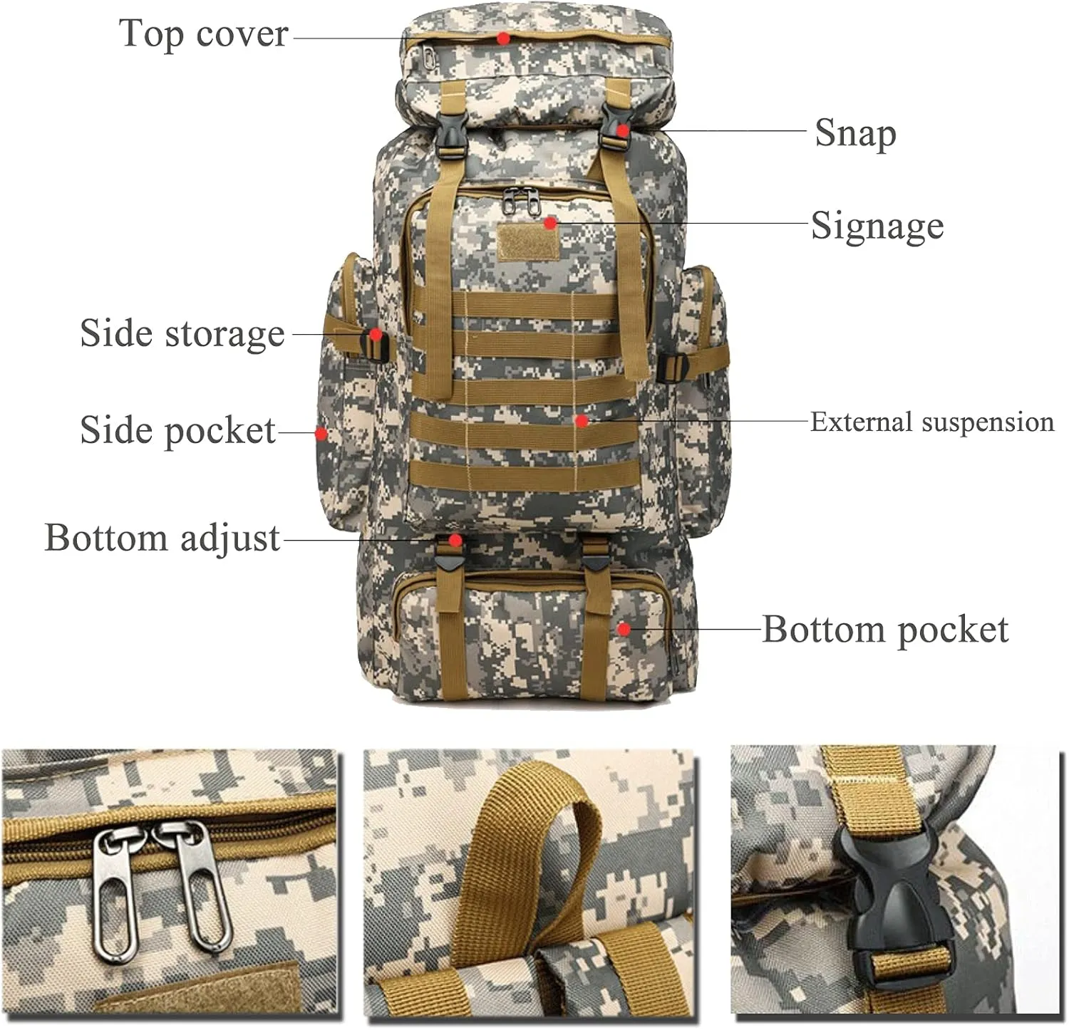 70L Hiking Backpack for Men, Waterproof Lightweight Camping Backpack, Military Rucksack with Molle, 3-Day Assault Pack for Travel, Climbing, Outdoor Sports (Plateau Camouflage)