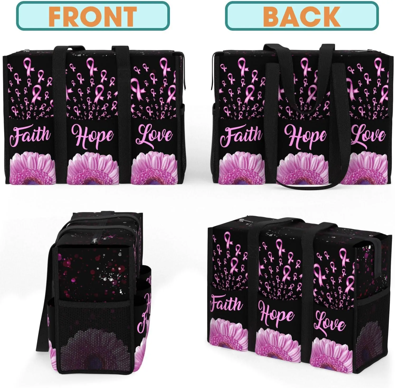 84hoods Multi-Pocket Waterproof Tote Bag with Multiple Convenient Pockets and Zipper. Breast Cancer Awareness Gift for Women.