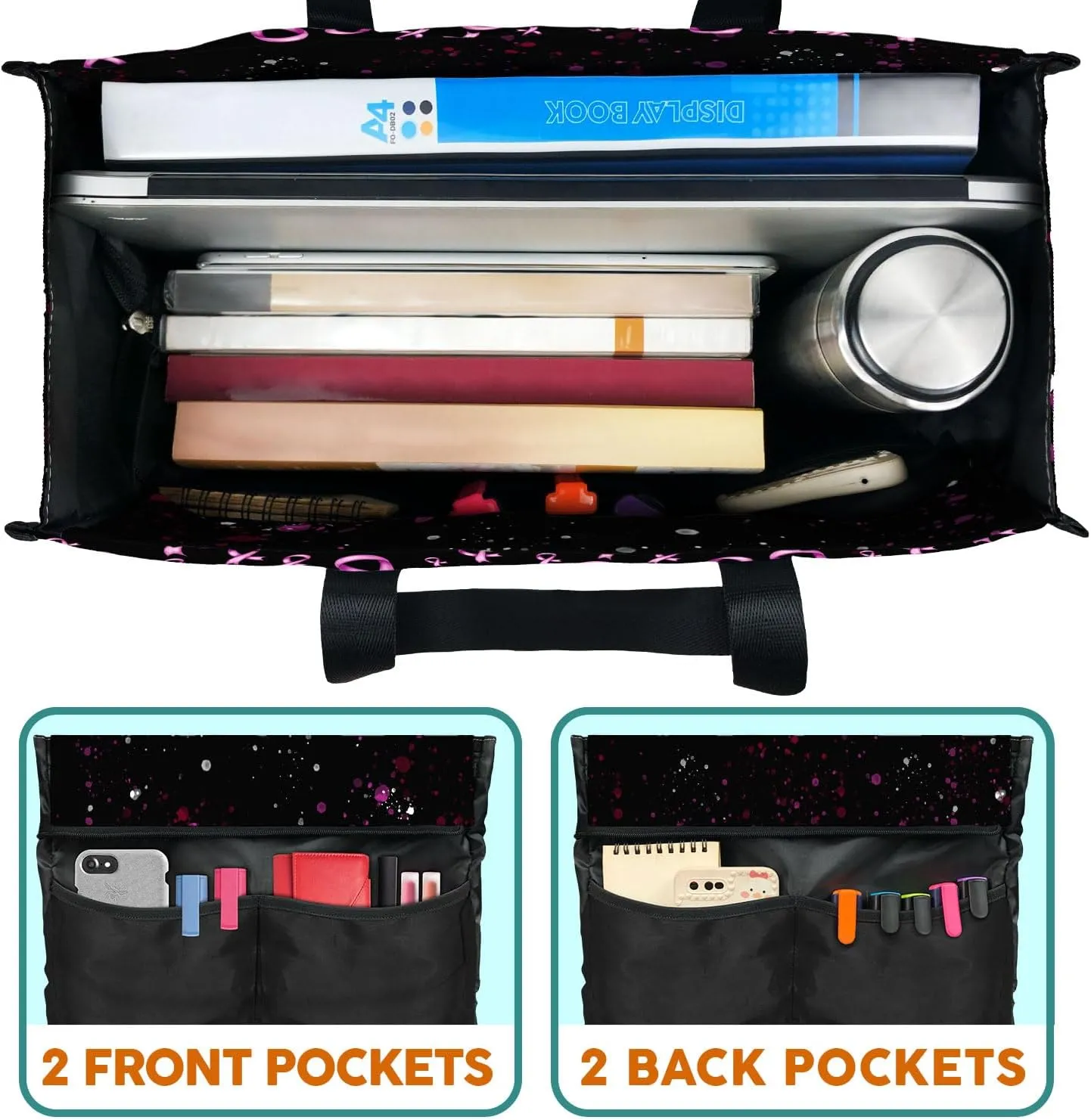 84hoods Multi-Pocket Waterproof Tote Bag with Multiple Convenient Pockets and Zipper. Breast Cancer Awareness Gift for Women.